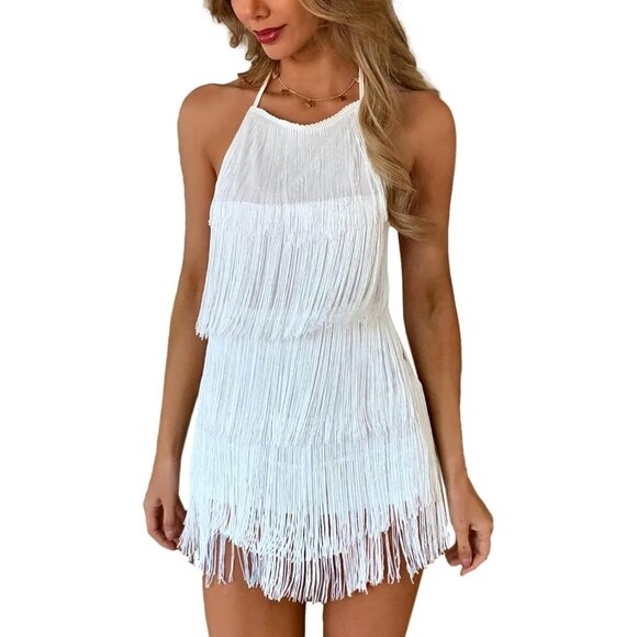 🆕 Women White Fringe Dress Jumpsuit Sexy Western Country Concert Tassel Romper - Picture 1 of 7